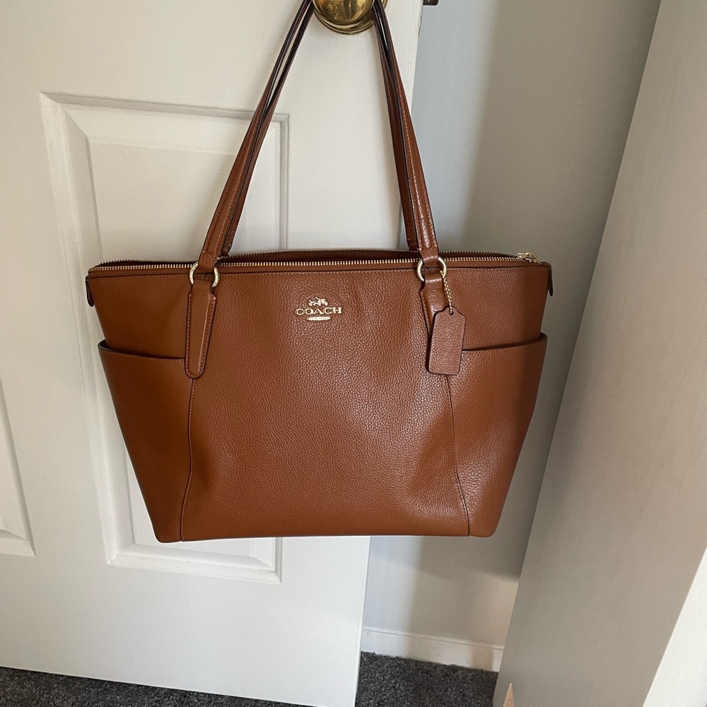 Coach Brown Leather Zip-Top Tote with Gold Logo